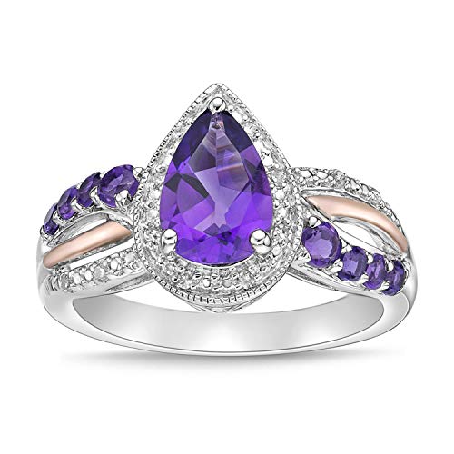 Two Tone 10K Rose Gold & .925 Sterling Silver, Pear Cut Amethyst With Diamond Accented Halo Twist Engagement Ring (I Color, I3 Clarity) - Size 7 #TOP8