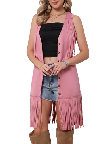 Allegra K Women's Faux Suede Fringe Sleeveless Cowgirl V Neck Button Down Long Western Cardigan Jacket, pink, XL