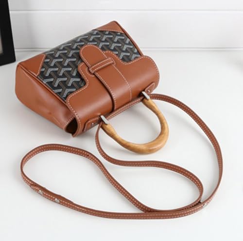 Image of HIONRE Genuine Cowhide Leather Tote Bag For Women Crossbody Bags Satchel Wood Top-Handle Bag Gift for Lady