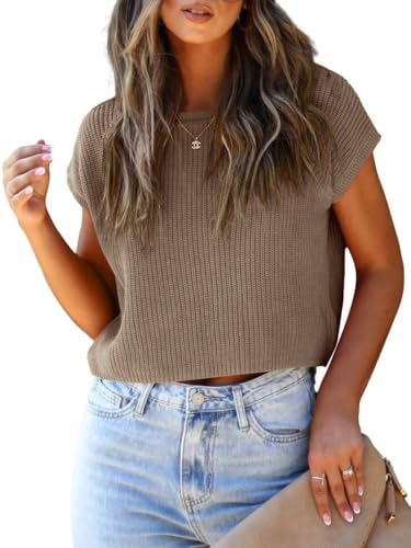 Image of LCXWFE Womens Summer Cropped Sweater Vest Trendy Cap Sleeve Crop Tops Crew Neck Loose Knit Tank Top