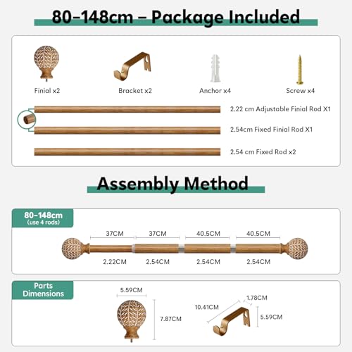 Gormena Curtain Poles for Windows, Adjustable Metal Drapery Rod 80–148 cm (31.5"–58"), 2.54 cm Diameter Heavy Duty Pole with Wood Grain Effect Leaf Finials, Natural Wood Colour, Boho Style - Image 8