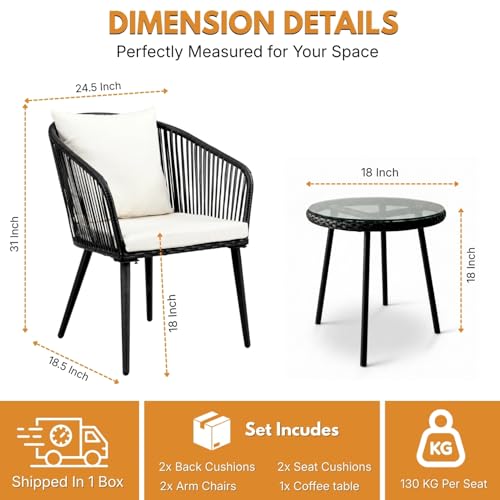 Image of DEVOKO 3 Piece Patio Wicker Bistro Set Durable and Stylish Furniture Ideal for Terrace, Garden, Balcony, Porch, Deck and Yard (Black and White)