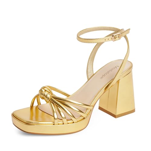 Modatope Platform Bow Sandals for Women Chunky Heel Strappy Platform Heels Square Open Toe Heeled Sandals Ankle Strap Block Heel Sanadals