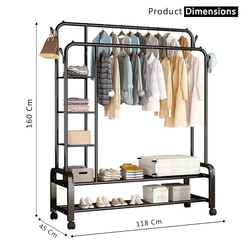 Image of LEOPAX Heavy Duty Metal Double Rod Clothe Rail, 5-Tier Coat Garment Rack with 4 Side Hooks, Multipurpose Cloth Stand for Bedroom, Livingroom, Hallway - (Black, 120 x 45 x 160cm)