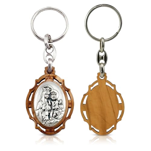 RosaryMart Lady of Mount Carmel Olive Wood Keychain, Chatholic Relgious Key Holder