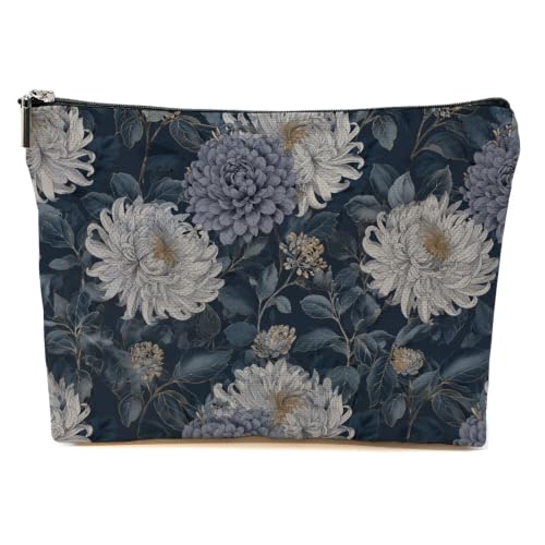 Elegant Blue Floral Makeup Bag Chrysanthemums Cosmetic Bag