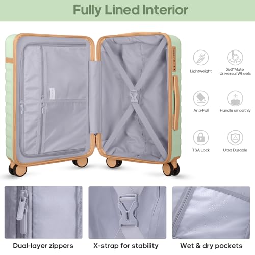 Image of Luggage Sets 3 Piece, Carry On Luggage 20In With Spinner Wheels,PC Hardside Suitcase Set with TSA Lock,Durable Carry On Suitcase With Travel Backpack for Men (Light Green, 3 piece set (BP /20inch))