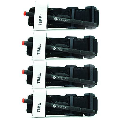 Recon Medical Tourniquet (Black) GEN 4 - Mil-Spec Kevlar Metal Windlass Aluminum First Aid Tactical Swat Medic Pre-Hospital Life Saving Hemorrhage Control Registration Card - 4 Pack