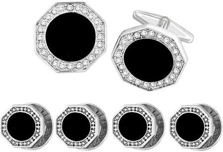 Alfa Perry Tuxedo Stud and Cufflink Set Silver Tone Octagonal Cufflink with Round Onyx Center
