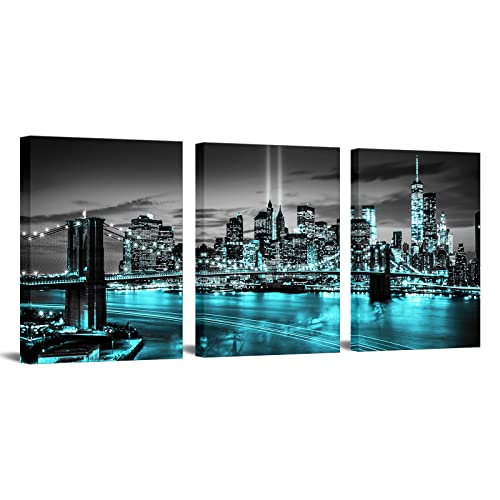Conipit New York Brooklyn Bridge Canvas Wall Art Black And White City Pictures Teal Skyline Artwork Modern Night View Painting For Home Living Room Bedroom Office Decor 12X16 Inch (Teal, Small) #TOP24