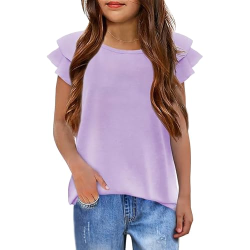 Camisetas para niñas Mangas onduladas Redondo Manga Corta Tops Casual Moda Color sólido, morado, 9-10 años