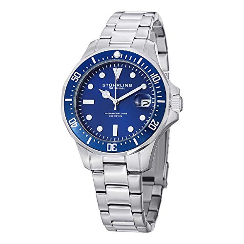 Stuhrling Original Aquadiver Mens Dive Watch - Quartz Analog Waterproof Sports Watch - Blue Dial Date Display Swim Wrist Watch for Men - Luminous Waterproof Watch with Stainless Steel Bracelet 664.02