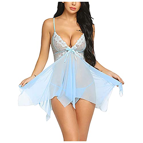 Negligee - Vestido de pijama sexy de gran tamaño para mujer, de malla, con cuello en V, camisón de encaje, lencería con detalle de encaje, ropa interior y lencería, azul claro, XXL