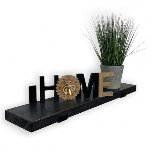 Image of MKGT Narrow Floating Shelf – 15cm Deep Rustic Solid Wood Wall Shelf with Black Brackets – Handmade in UK for Kitchen, Bathroom, Hallway & Living Room (Black, 80cm)