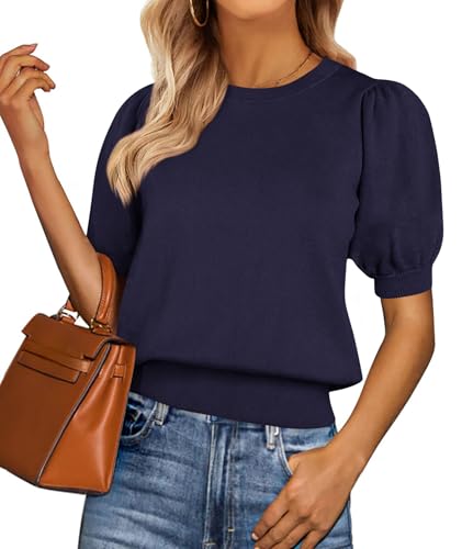Image of PRETTYGARDEN Womens Sweaters Spring 2026 Summer Puff Short Sleeve Sweater Trendy Cute Knit Work Blouses Business Casual Tops