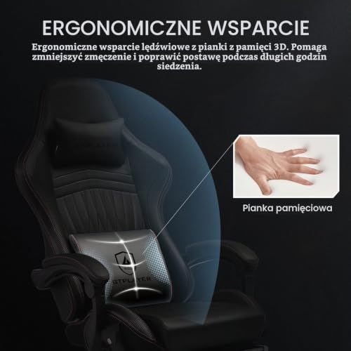 GTPLAYER Fotel gamingowy, fotel gamingowy, krzesło do biurka, krzesło gamingowe, krzesło wyścigowe z podnóżkiem, głośnik, muzyka, krzesło biurowe, obciążenie do 151 kg, rozmiar standardowy