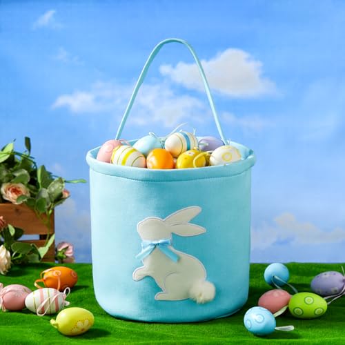 Image of 2 Pcs Embroidered Easter Basket with Handle for Egg Hunts, Easter Gifts, Easter Egg Collection, Gift (Pink and Blue)