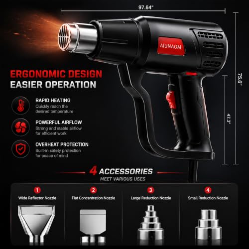 Miniatura 8 de Aiunaom Pistola De Aire Caliente 2000w Pistola De Calor 50 650 Control De Temperatura Sin Niveles 2 Velocidades De Aire Calentamiento Rápido Para Soldar, Descongelar Y Eliminación De Pintura
