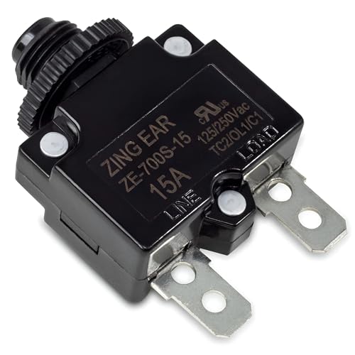 ZE-700S-15 15A Thermal Push Button Circuit Breaker – Mini Resettable Overload Protector 125/250 VAC with Manual Push-to-Reset and Quick Connect Terminals, Panel Mount Type