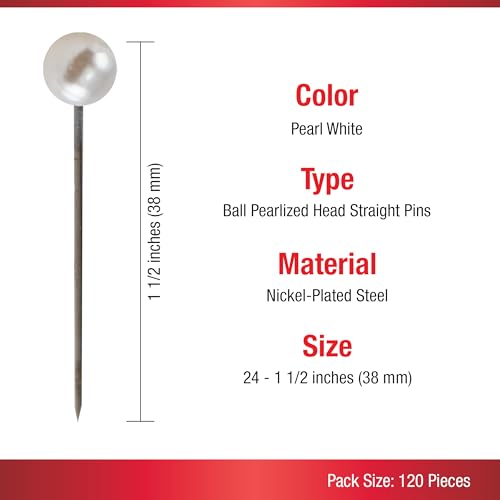 Alfinetes retos com cabeça perolada SINGER 07051, tamanho 24, 120 unidades, branco