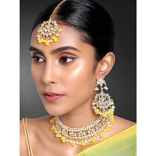 Image of Aheli Elegant Indian Faux Kundan Studded Choker Necklace with Maang Tikka Set Ethnic Wedding Wear Bharatanatyam jewellery set Gift for Women