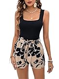 BEAUDRM Women's 2 Piece Outfits Square Neck Tank Top and Summer Floral Print Belted High Waist Shorts Set Multicolor A Medium