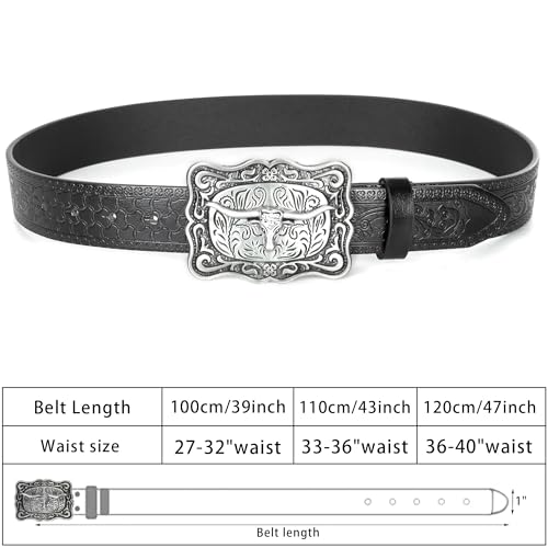 Image of UTOWO Western PU-Leather Cowboy Buckle Belt for Men and Women Jeans Engraved Floral Longhorn Bull Buckle Belt (25-38 inch waist)