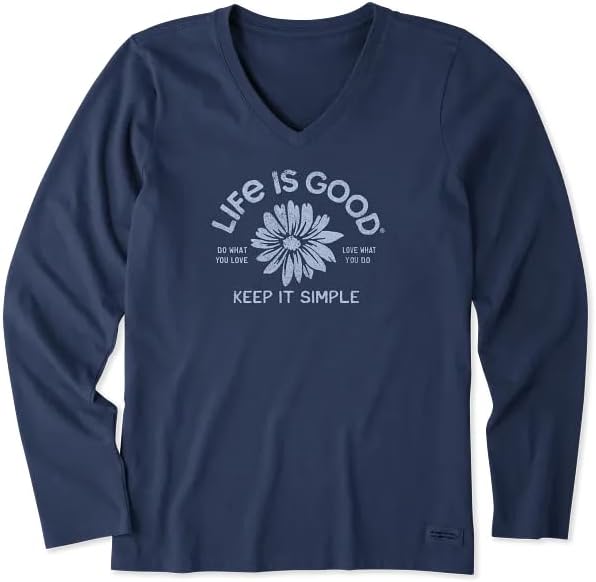 Life is Good. Women's Crafty Keep it Simple Daisy Long Sleeve Crusher-LITE Vee, Darkest Blue