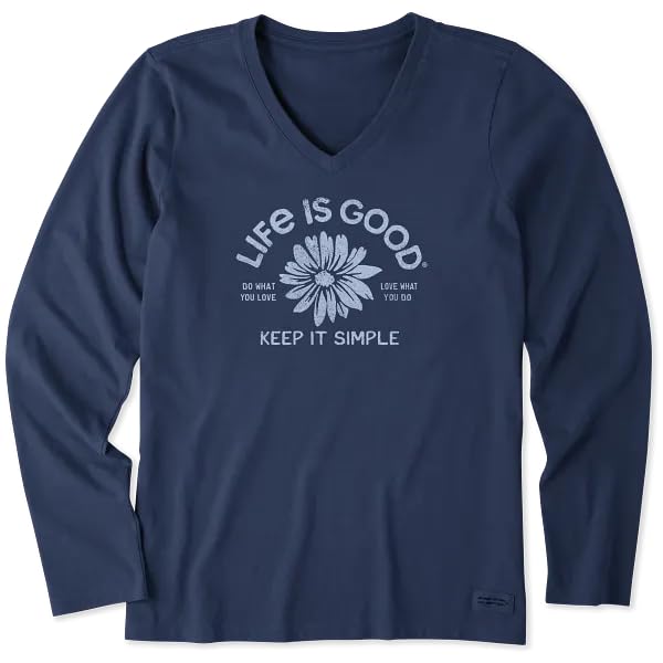 Life is Good. Women's Crafty Keep it Simple Daisy Long Sleeve Crusher-LITE Vee, Darkest Blue