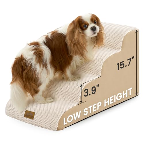 COZY KISS Dog Stairs for Small Dogs 15.7" H, 4-Step Slope Dog Steps for Bed, Couch or Chair, Sturdy Pet Ramp for Puppy, Older Cat, Pet Ladder with High Density Foam, 15.7x28.3x15.7 inch, Beige