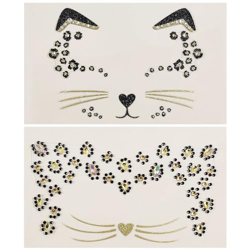 CBLUO 2 Pcs Halloween Temporary Stickers Cat Face Gems Jewels Women Cat Rhinestone Masquerade Face Tattoos Crystal Makeup Sticker Glitter Holiday Festival Dress Up Cosplay Birthday Party Supplies