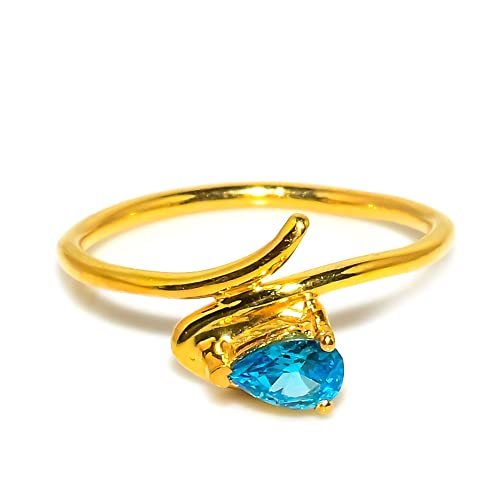Solitaire Stacking Rings | 4X6 Mm Pear Blue Topaz Gemstone Ring | Statement Rings For Woman & Girls | Mother's Day Special Gift | 925 Sterling Silver Ring Band (14K Yellow Gold, 7) #TOP14