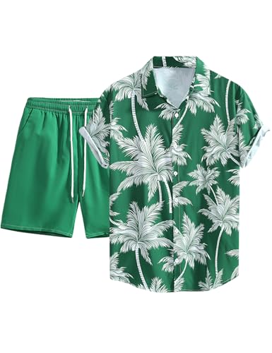 Image of Yimoon Men's Summer 2 Piece Outfits Tropical Print Short Sleeve Button Down Hawaiian Beach Shirt and Shorts Set