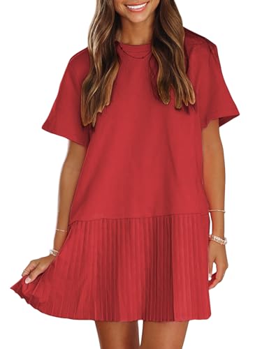 Image of EXLURA Womens Summer Casual Short Sleeve Dress Crewneck Tshirt Dresses Pleated Aline Mini Dress 2025 Vacation Beach Sundress
