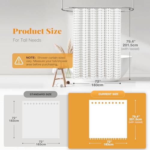 Image of BTTN 78 Inch Long Shower Curtain - 72x78 Boho Farmhouse Linen Ultra Fabric Shower Curtain Set with Plastic Hooks, Tall Rv Rustic Country Weighted Cloth Shower Curtains for Bathroom - White and Black