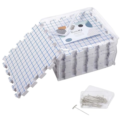 Blocking Mats for Knitting - KnitIQ Extra Thick Blocking Boards for Crochet Projects with Gridlines - 100 T-Pins and Storage Bag Included for Knitting Supplies - Standard Mat Set - Pack of 9