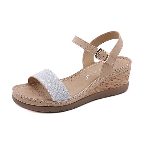 VKVWIV Womens Open Toe Espadrilles Dressy Platform Sandals Glitter Slip on Elastic Ankle Strap Wedges Sandals with Adjustable Buckle