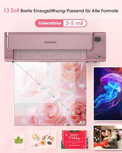13 Zoll A3/A4 Laminiergerät mit 20 Laminierfolien, Heiß & Kalt Foliergerät, ABS Anti-Stau, 10-in-1 Laminator mit Schneider, Trimmer & Eckenabrunder für Büro, Schule & Zuhause（Seidenrot-Silber ）