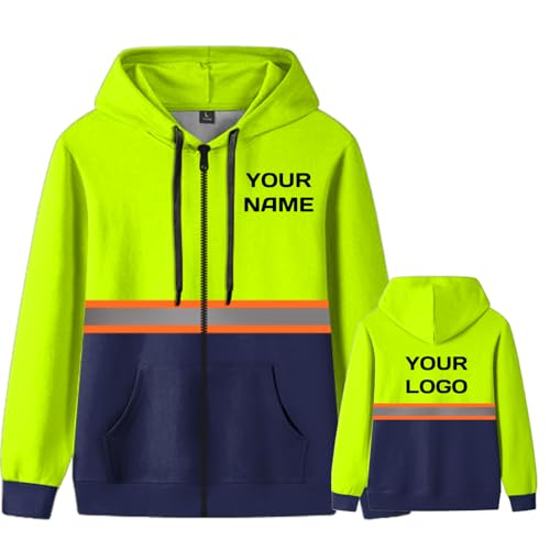 YOWESHOP Reflective Safety Hoodie with Custom Name and Logo?Sweatshirt with Zipper Pockets for Men?L?Yellow-blue1