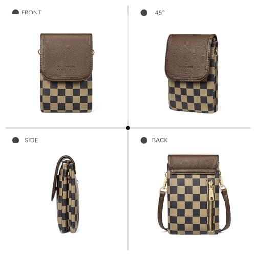 Image of BOSTANTEN Vegan Leather Small Crossbody Bags for Women Designer Cell Phone Bag Wallet Purses Adjustable Strap, Checkered Coffee