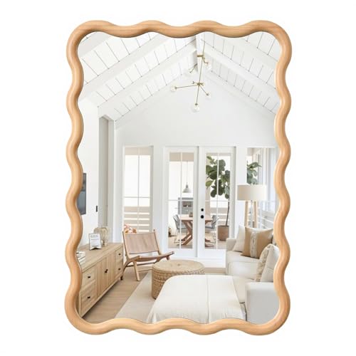 H HOMEWINS Natural Rectangular Mirror for Wall 24x35.4 Inch Wooden Wavy Bathroom Farmhouse Country Vanity Large Irregular Mirror for Nursery Entryway Living Room