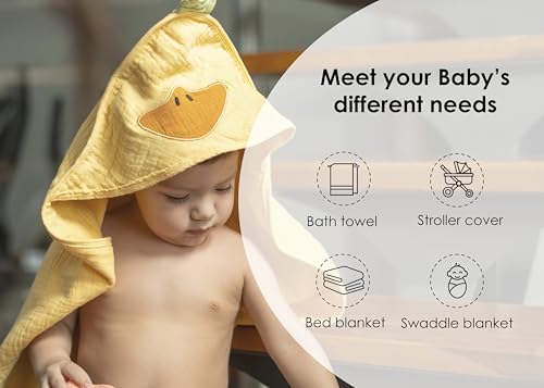 Image of Hooded Muslin Baby Towel - Soft & Absorbent Cotton Bath Wrap for Newborn, Infant & Toddler - Yellow Duck Design - 32x32 Quick Dry - Hypoallergenic