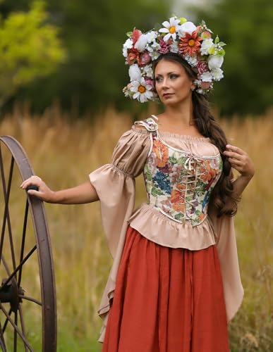 Image of Scarlet Darkness Corset Tops for Women Renaissance Lace Up Floral Bustier | Fishboned, Vintage Floral, Overbust Bodice, for Ren Faire, Medieval, Halloween Costume