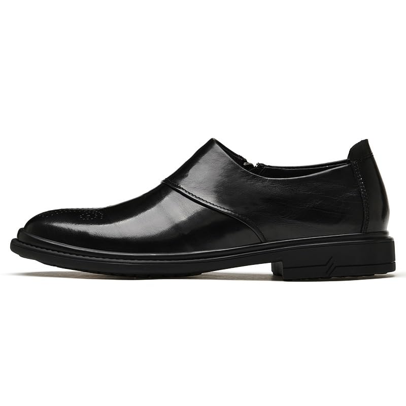 HOOENG Oxford Shoes for Men Slip On Round Burnished Toe Brogue Shoes Slip Resistant Rubber Sole Block Heel Non Slip Casual(Color:Black,Size:6.5)3
