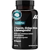 L Theanin, Ginkgo Biloba, Ashwagandha – Nootropic mit Bacopa Monnieri, natürlichem Koffein, Vitamin B6 & B12 hochdosiert | Focus, Konzentration & Energie ohne Nervosität | 90 vegane Kapseln