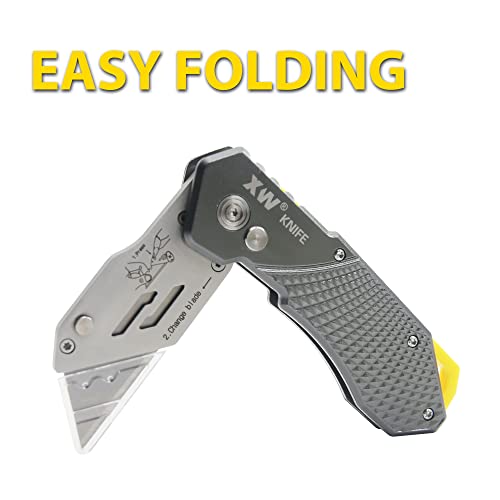 Xw Folding Utility Knife, Heavy Duty Box Cutter With Belt Clip, Quick Change Blades, Anodized Aluminum Alloy Handle For Father And Boyfriend Birthday Gift, Extra 10 Blades Included #TOP1