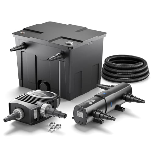 SunSun Komplettset: CBF-350 Teichfilter bis 12000L Teichfilteranlage Durchlauffilter, NEO6000 Teichpumpe 6000l/h 40W, CUV-236 Teichklärer 36W, 5m Teichschlauch 38 mm (1 1/2), Schlauchschellen 44-47mm