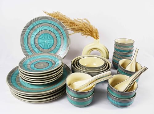 Image of Ceramic Dinner Set of 34 Pieces- Premium Seashell Collection | Chipproof Handpainted Stoneware Ceramic Set l | Lead and Cadmium Free,Food Grade Quality (34, Seashell Grey Green)