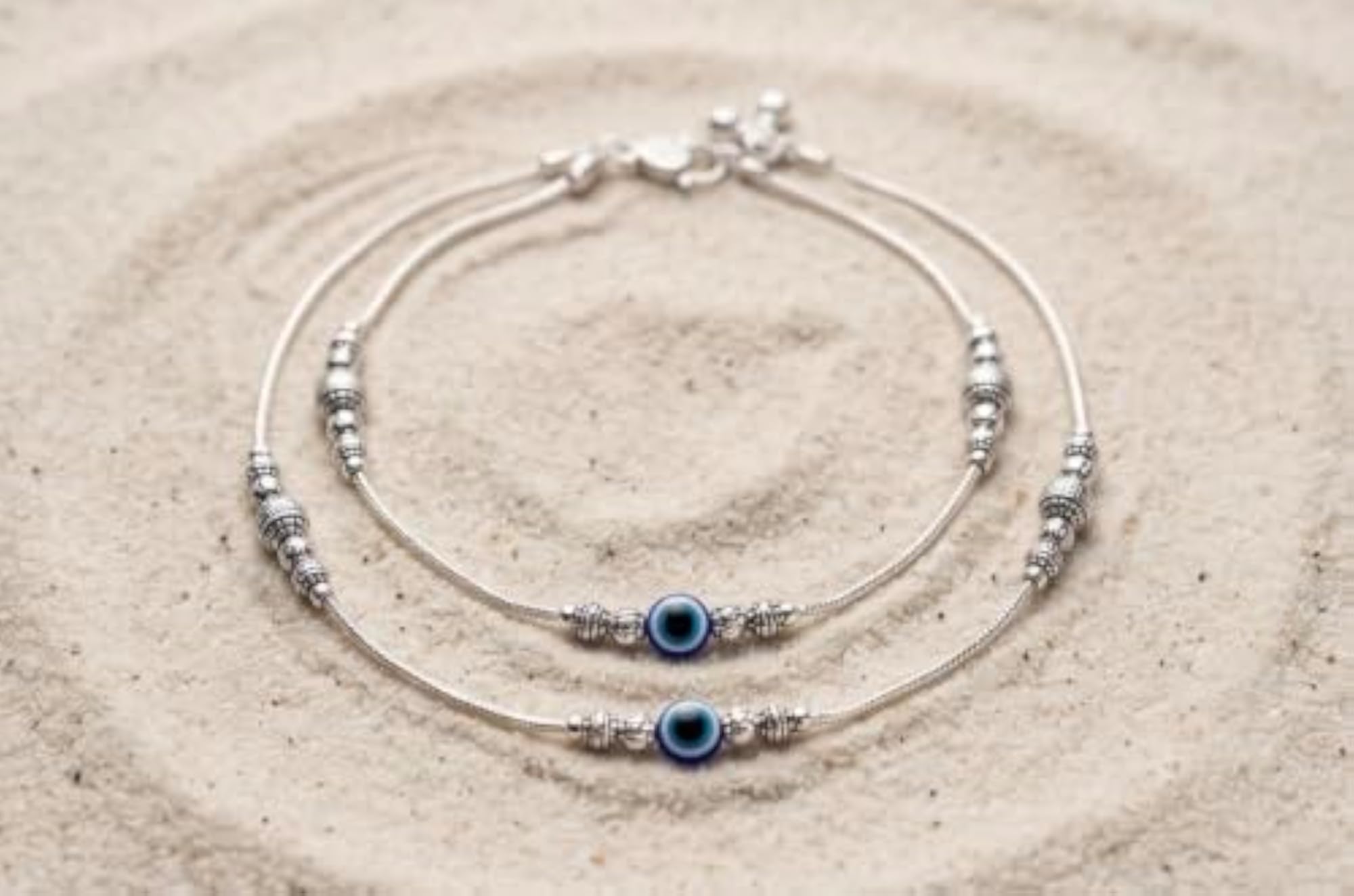 Gorgeous Evil Eye Silver Anklet for Women & Girls, Adjustable
