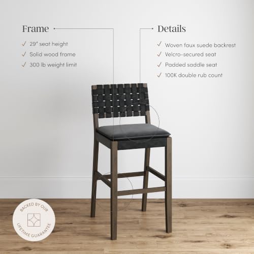 Image of Nathan James Cohen Mid-Century Modern 29 in. Wood Bar Stool, Upholstered Faux Suede Bar Height Stool with Solid Wood Frame, Black